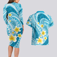 Plumeria Polynesian Sky Blue Glitter Pattern Couples Matching Long Sleeve Bodycon Dress and Hawaiian Shirt
