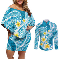 Plumeria Polynesian Sky Blue Glitter Pattern Couples Matching Off Shoulder Short Dress and Long Sleeve Button Shirt