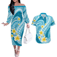 Plumeria Polynesian Sky Blue Glitter Pattern Couples Matching Off The Shoulder Long Sleeve Dress and Hawaiian Shirt