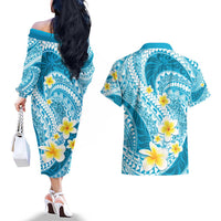 Plumeria Polynesian Sky Blue Glitter Pattern Couples Matching Off The Shoulder Long Sleeve Dress and Hawaiian Shirt