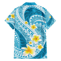 Plumeria Polynesian Sky Blue Glitter Pattern Family Matching Off The Shoulder Long Sleeve Dress and Hawaiian Shirt