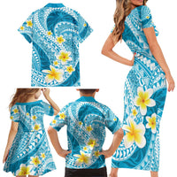 Plumeria Polynesian Sky Blue Glitter Pattern Family Matching Short Sleeve Bodycon Dress and Hawaiian Shirt