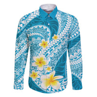 Plumeria Polynesian Sky Blue Glitter Pattern Family Matching Short Sleeve Bodycon Dress and Hawaiian Shirt