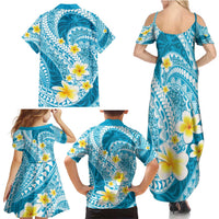 Plumeria Polynesian Sky Blue Glitter Pattern Family Matching Summer Maxi Dress and Hawaiian Shirt
