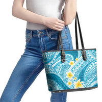 Plumeria Polynesian Sky Blue Glitter Pattern Leather Tote Bag