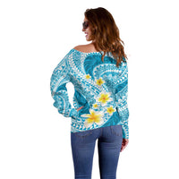 Plumeria Polynesian Sky Blue Glitter Pattern Off Shoulder Sweater