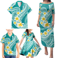 Plumeria Polynesian Teal Glitter Pattern Family Matching Puletasi and Hawaiian Shirt