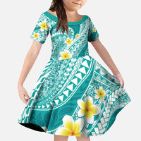 Plumeria Polynesian Teal Glitter Pattern Family Matching Short Sleeve Bodycon Dress and Hawaiian Shirt