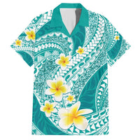 Plumeria Polynesian Teal Glitter Pattern Family Matching Short Sleeve Bodycon Dress and Hawaiian Shirt