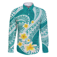 Plumeria Polynesian Teal Glitter Pattern Family Matching Short Sleeve Bodycon Dress and Hawaiian Shirt