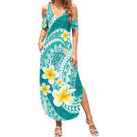 Plumeria Polynesian Teal Glitter Pattern Family Matching Summer Maxi Dress and Hawaiian Shirt