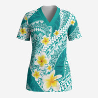 Plumeria Polynesian Teal Glitter Pattern Scrub Top LT01 Adult Teal - Polynesian Pride