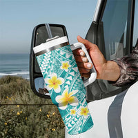 Plumeria Polynesian Teal Glitter Pattern Tumbler With Handle