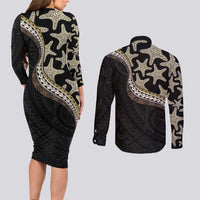 Beige Polynesian Starfish Unique Pattern Couples Matching Long Sleeve Bodycon Dress and Long Sleeve Button Shirt