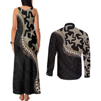Beige Polynesian Starfish Unique Pattern Couples Matching Tank Maxi Dress and Long Sleeve Button Shirt