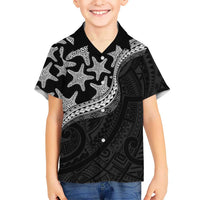 Monotone Polynesian Starfish Unique Pattern Family Matching Long Sleeve Bodycon Dress and Hawaiian Shirt