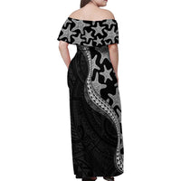 Monotone Polynesian Starfish Unique Pattern Family Matching Off Shoulder Maxi Dress and Hawaiian Shirt
