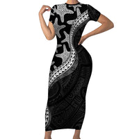 Monotone Polynesian Starfish Unique Pattern Family Matching Short Sleeve Bodycon Dress and Hawaiian Shirt