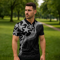 Monotone Polynesian Starfish Unique Pattern Zipper Polo Shirt