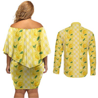 Hawaii Lemon Palaka Couples Matching Off Shoulder Short Dress and Long Sleeve Button Shirt Striped Stylized