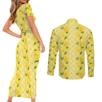 Hawaii Lemon Palaka Couples Matching Short Sleeve Bodycon Dress and Long Sleeve Button Shirt Striped Stylized