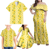 Hawaii Lemon Palaka Family Matching Off Shoulder Maxi Dress and Hawaiian Shirt Striped Stylized