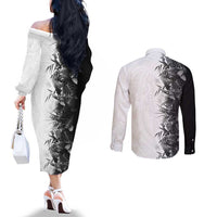 Hawaii Tropical Plant Monochrome Couples Matching Off The Shoulder Long Sleeve Dress and Long Sleeve Button Shirt Vibrant Polynesian Pattern