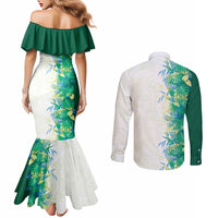 Hawaii Tropical Plant Omaomao Couples Matching Mermaid Dress and Long Sleeve Button Shirt Vibrant Polynesian Pattern