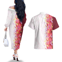 Hawaii Tropical Plant Akala Couples Matching Off The Shoulder Long Sleeve Dress and Hawaiian Shirt Vibrant Polynesian Pattern