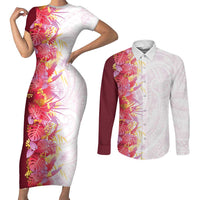 Hawaii Tropical Plant Akala Couples Matching Short Sleeve Bodycon Dress and Long Sleeve Button Shirt Vibrant Polynesian Pattern