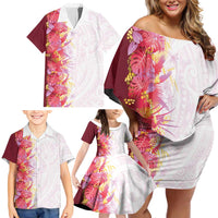 Hawaii Tropical Plant Akala Family Matching Off Shoulder Short Dress and Hawaiian Shirt Vibrant Polynesian Pattern