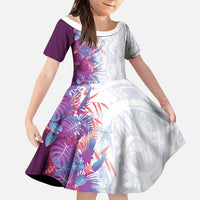 Hawaii Tropical Plant Poni Family Matching Long Sleeve Bodycon Dress and Hawaiian Shirt Vibrant Polynesian Pattern LT01 Daughter's Dress Purple - Polynesian Pride