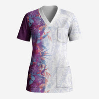 Hawaii Tropical Plant Poni Scrub Top Vibrant Polynesian Pattern
