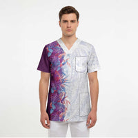 Hawaii Tropical Plant Poni Scrub Top Vibrant Polynesian Pattern