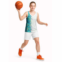 Hawaii Tropical Plant Teal Basketball Jersey Vibrant Polynesian Pattern