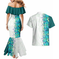 Hawaii Tropical Plant Teal Couples Matching Mermaid Dress and Hawaiian Shirt Vibrant Polynesian Pattern