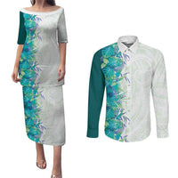 Hawaii Tropical Plant Teal Couples Matching Puletasi and Long Sleeve Button Shirt Vibrant Polynesian Pattern