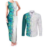 Hawaii Tropical Plant Teal Couples Matching Tank Maxi Dress and Long Sleeve Button Shirt Vibrant Polynesian Pattern