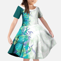 Hawaii Tropical Plant Teal Family Matching Long Sleeve Bodycon Dress and Hawaiian Shirt Vibrant Polynesian Pattern
