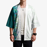 Hawaii Tropical Plant Teal Kimono Vibrant Polynesian Pattern
