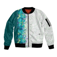 Hawaii Tropical Plant Teal Sleeve Zip Bomber Jacket Vibrant Polynesian Pattern
