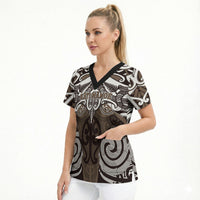Personalised Maori Kati Mamoe Scrub Top Silver Fern Kowhaiwhai Art