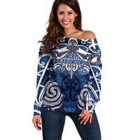 Personalised Maori Ngati Kahungunu Off Shoulder Sweater Silver Fern Kowhaiwhai Art LT01 Women Blue - Polynesian Pride