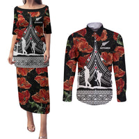New Zealand ANZAC Day Couples Matching Puletasi Dress and Long Sleeve Button Shirt Poppy With Polynesian Pattern LT01 Black - Polynesian Pride