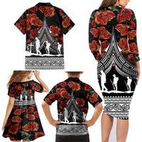 New Zealand ANZAC Day Family Matching Long Sleeve Bodycon Dress and Hawaiian Shirt Poppy With Polynesian Pattern LT01 - Polynesian Pride
