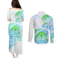 Kia Ora Maori New Zealand Pastel Couples Matching Puletasi Dress and Long Sleeve Button Shirt Sun Ta Moko Aqua Green Version LT01 - Polynesian Pride
