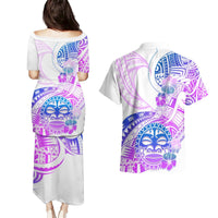 Kia Ora Maori New Zealand Pastel Couples Matching Puletasi Dress and Hawaiian Shirt Sun Ta Moko Lilac Version LT01 - Polynesian Pride