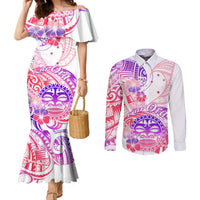 Kia Ora Maori New Zealand Pastel Couples Matching Mermaid Dress and Long Sleeve Button Shirt Sun Ta Moko Sweet Version LT01 Pink - Polynesian Pride