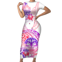 Kia Ora Maori New Zealand Pastel Family Matching Short Sleeve Bodycon Dress and Hawaiian Shirt Sun Ta Moko Sweet Version LT01 Mom's Dress Pink - Polynesian Pride