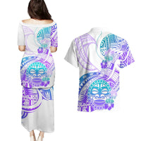 Kia Ora Maori New Zealand Pastel Couples Matching Puletasi Dress and Hawaiian Shirt Sun Ta Moko Violet Version LT01 - Polynesian Pride
